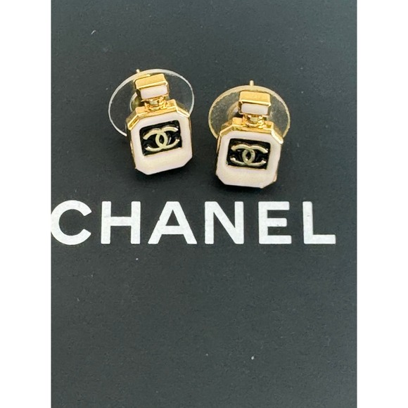 CHANEL Jewelry - Chanel CC No 5 Perfume Bottle Stud Earrings Gold Tone White Enamel 25C Authentic